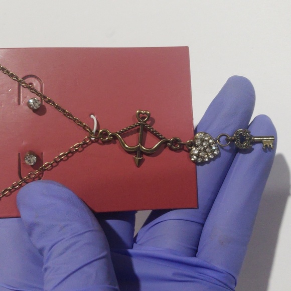 Bronze Cupid Bow Necklace with Heart & Key Charms | Earrings Set Women's Jewelry - Picture 8 of 8